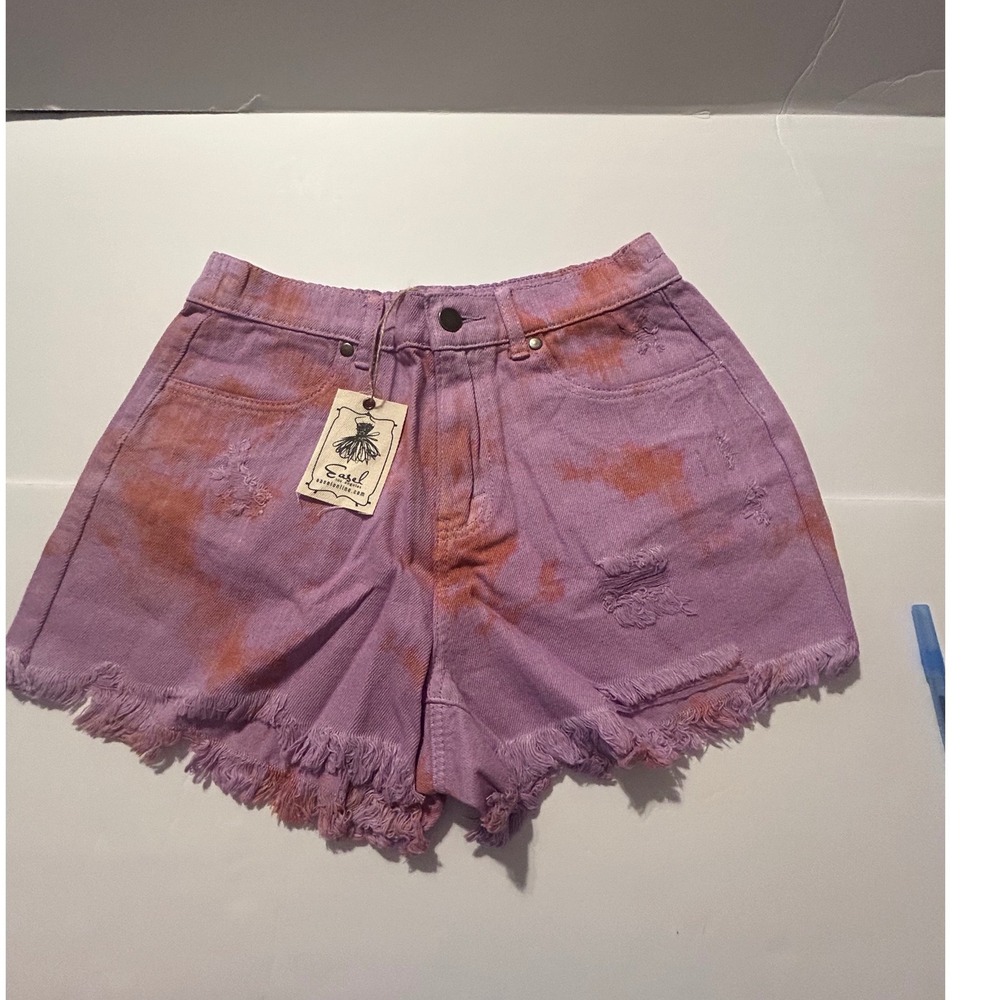 Easel Purple Orange Tie Dye Distressed Denim Shorts High Waist Frayed Hem S